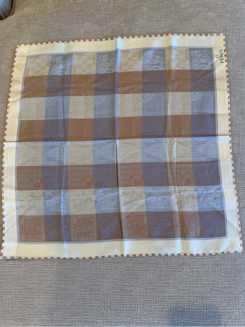 Vintage Fendi Cream, Brown, and Blue-Gray Checked Handkerchief, 18 x 18